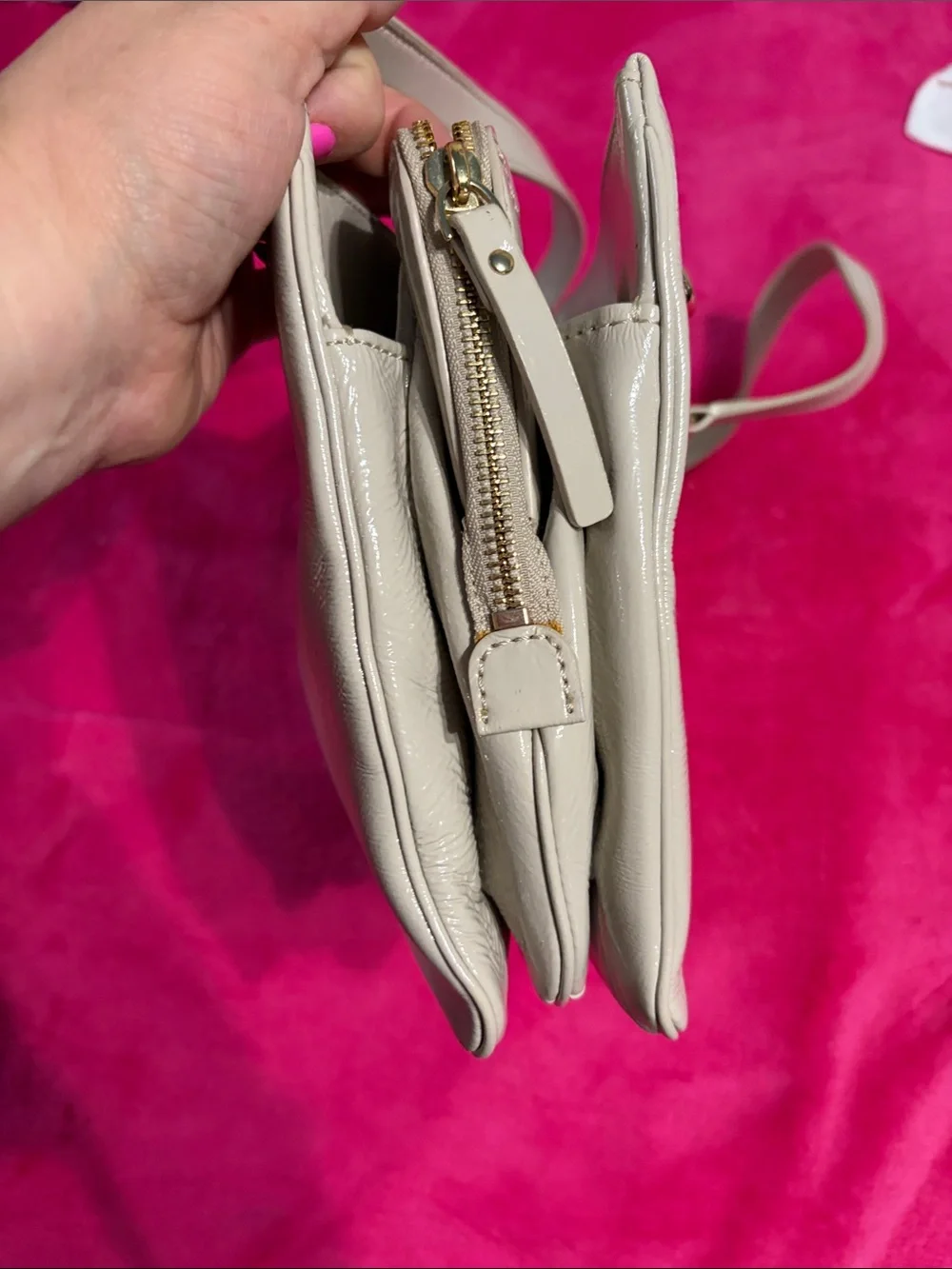 Patent Cream Shoulder Bag with Chain-Trim Straps